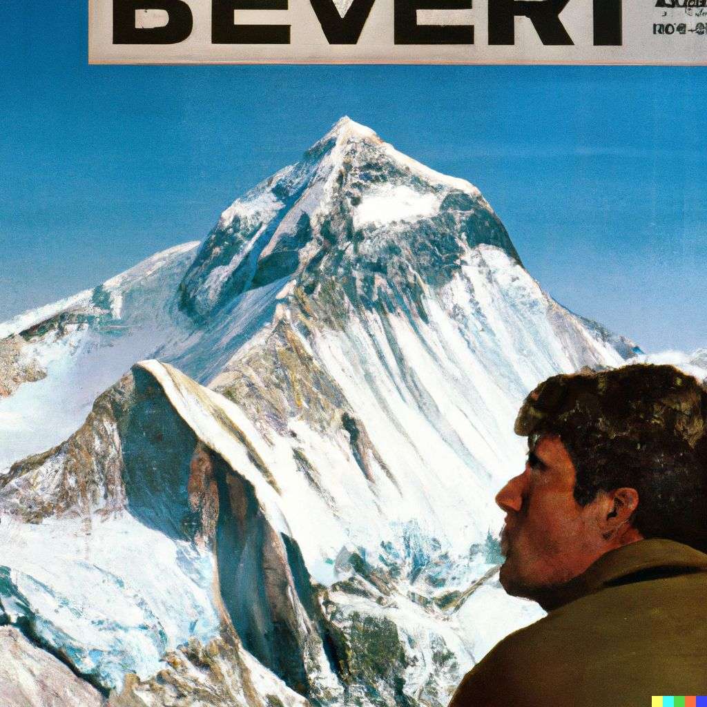 someone gazing at Mount Everest, advertisement from the '80s